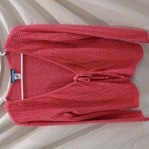 Vintage Spunky Coral Open Weave Cardigan With Tie Front Size 1X